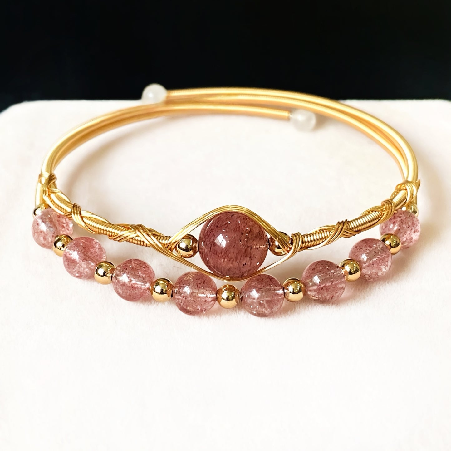 Soft pink strawberry quartz bangle, natural crystal jewelry